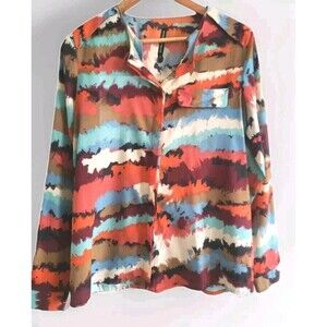 Walter Baker Button Front Blouse Red Watercolor Faux Pocket Art To Wear Medium